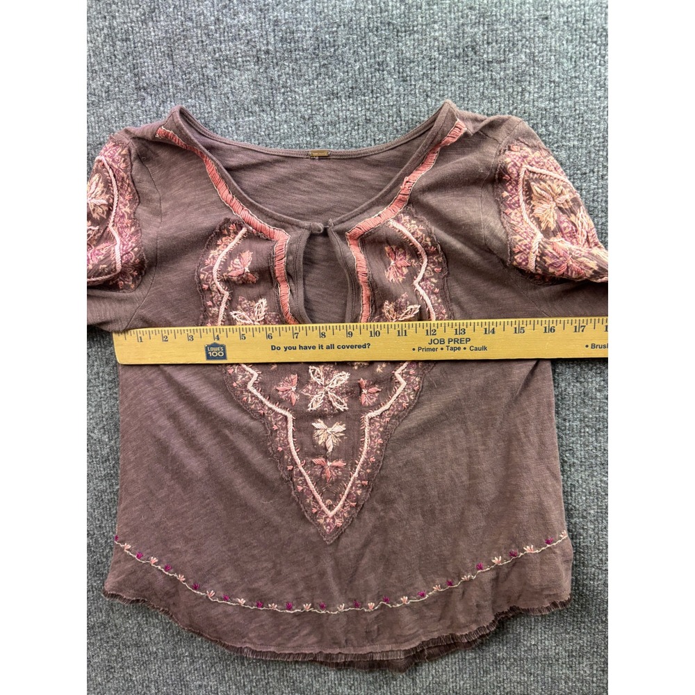 Free People Embroidered Top Womens XS Brown Long Sleeve Boho Blouse 68050 - Picture 4 of 6